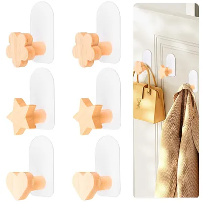 Produktbild von Set mit 6 Holzwandhaken, selbstklebende Haken, Handtuchhaken (kein Bohren erforderlich), Wandhaken/Garderobenhaken für Badezimmer, Schlafzimmer, Küche, Wohnzimmer, Kinderkleidungshaken.