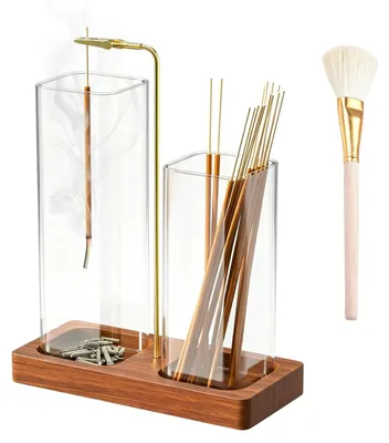 Räucherstäbchenhalter aus Holz, 2-in-1, mit Aschenfänger und Bürste