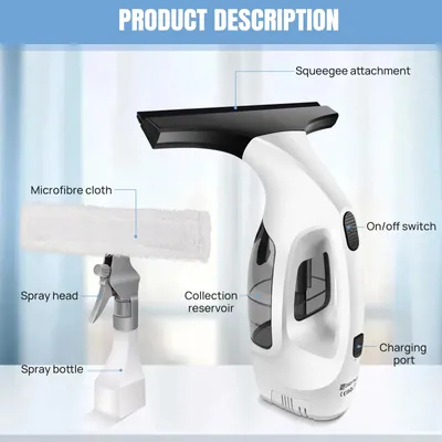 Immagine prodotto di Aspiraliquido per finestre senza fili con flacone spray - Ideale per finestre, piastrelle, specchi e doccia - Pulizia senza aloni - Bianco