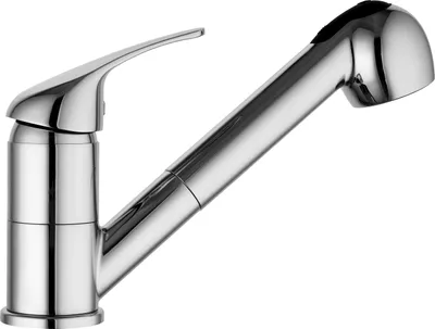 A chrome kitchen faucet with a pull-out spray head, shown against a white background.
