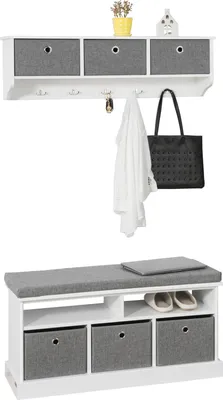 Produktbild von sobuy Flurmöbel Set, weiß-grau, aus MDF, geräumig für viele Schuhpaare, mit schlichtem Design, bequemes Sitzkissen, 5 Haken, 3 Vlieskörben, 2 Fächern und 2 Einlegeböden, stabil, hochwertig verarbeitet und einfach zu montieren. Maße: Sitzbank 96x50x35 cm; Wandgarderobe 100x30x20 cm.