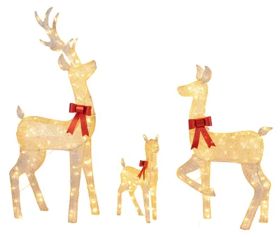 Imagen del producto de COSTWAY, figura de ciervo LED de 3 piezas, familia de ciervos iluminados, decoración navideña con 280 luces LED, función de movimiento de la cabeza y lazos rojos