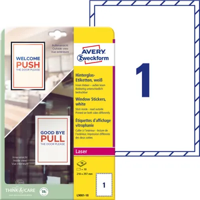 Produktbild von Avery Zweckform L9001-10 Hinterglas-Etiketten, A4, 210 x 297 mm, 10 Etiketten/10 Bogen, weiß