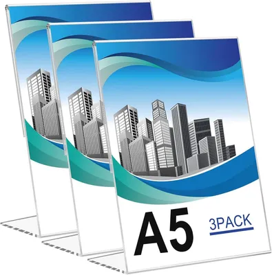 Imagen del producto de Soportes para mesa en formato A5, juego de 3 unidades, de acrílico transparente, ideales para fotografías y publicidad