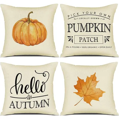 Productafbeelding van Kussensloopsets van 50x50 cm, herfstmotief, pompoen, decoratief, linnen, set van 4