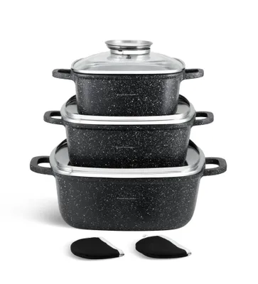 Produktbild von Topf-Set 6-tlg. Wunderschöne Quadratische Töpfe mit Steinbeschichtung in 3 verschiedenen Größen, 2.3L / 4.5L / 6.5L, perfekte Geschenkidee