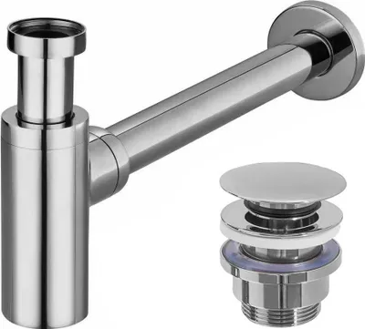 A chrome siphon and drain assembly against a white background.