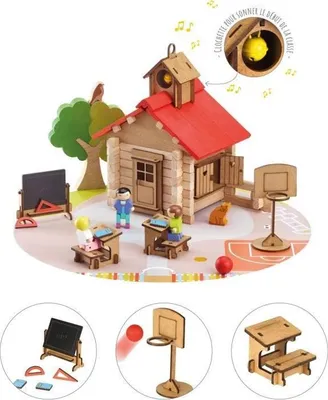 Produktbild von Bauspielzeug Dorfschule, JEUJURA, 125 Teile, Holz, inklusive Spielteppich, ab 5 Jahren, 32 x 27 x 11 cm