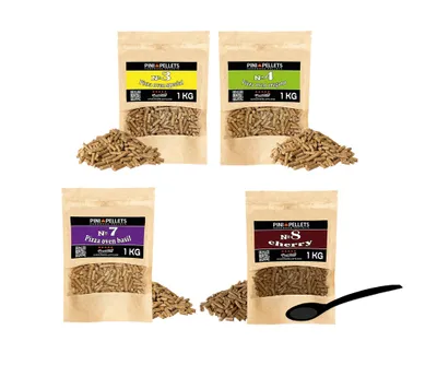 Image de PINI Set de Granulés de Bois Naturel 4 × 1 kg pour Four à Pizza – Granulés Pizza N°3, Origan N°4, Basilic N°7, Cerisier N°8 – Arôme Naturel