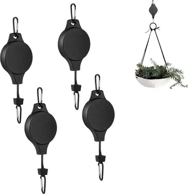 Obrázek produktu pro Sada 4 háčků na květinové koše – závěsné květináče – výsuvný háček s lanovým mechanismem – zvedák na závěsné květináče – zvedák na rostliny – výsuvný závěsný květinový koš – květinové koše – ptačí klece – černá