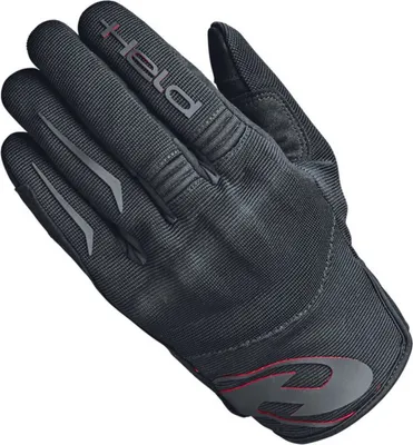 A single black motorcycle glove shown from a diagonal angle against a white background.