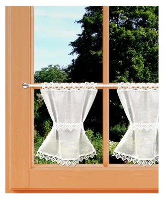 Produktbild von Scheibengardine Larissa mit Vogtländischer Spitze in ecrú - Landhaus-Scheibenhänger mit Raffband - halbtransparente Kurzgardine für kleine Fenster - Feenhausgardine 35 x 31 cm
