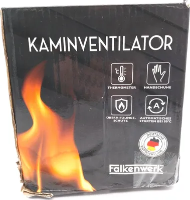 The image shows the packaging of a fireplace fan.