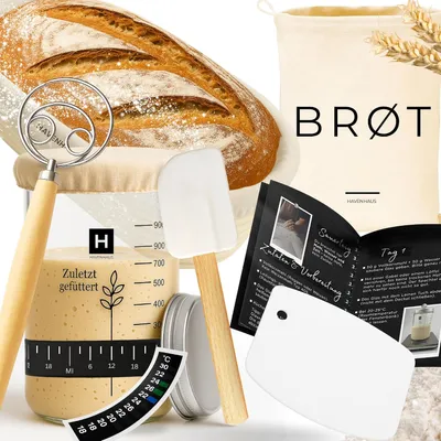 Produktbild von HAVENHAUS Brotbackset Gärkörbchen oval | Sauerteig Starter Set mit umfassendem Brot backen Zubehör | inkl Rattan Gärkorb Brot 25cm, Sauerteig Zubehör