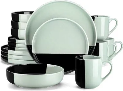Zdjęcie produktu dla Ceramiczny zestaw obiadowy w kolorze zielonym/czarnym – 4 duże talerze – 4 małe talerze – 4 miski/talerze do zupy/głębokie talerze – 4 filiżanki – 16 sztuk