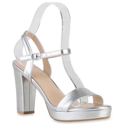 Produktbild von VAN HILL Damen Riemchensandaletten Sandaletten Party Plateau Vorne Schuhe 840192, Farbe: Silber, Größe: 41