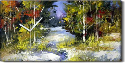 Produktbild von Leinwand Wanduhr Wandkunst Uhr Geräuschlos 60x30 Waldbachbäume Winter Landschaft - weiße Hände
