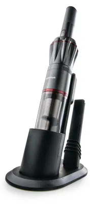 A handheld vacuum cleaner and its charging dock are displayed against a white background.