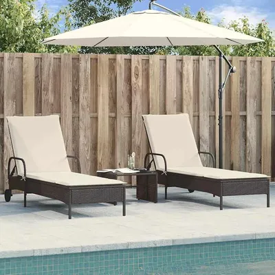 Productafbeelding van Zonnebedden met kussens, set van 2, zwart, tuinmeubilair van polyrotan met verstelbare rugleuning (3 standen), wielen, kussens, geschikt voor balkon, terras, zwembad, en andere buitenterrassen