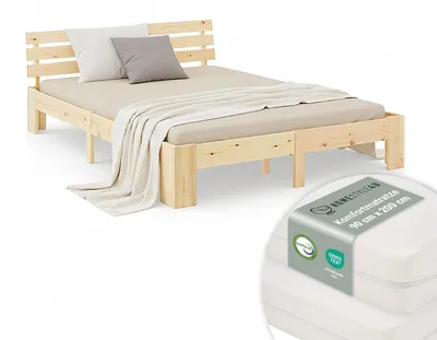 Image de Lit double en bois 180x200 avec 2 matelas naturelle pin Cadre de lit en bois massif sommier à lattes