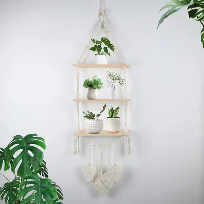 Wandregal aus Holz, 3 Ebenen, Macramé, Boho-Dekoration, Hängeregal
