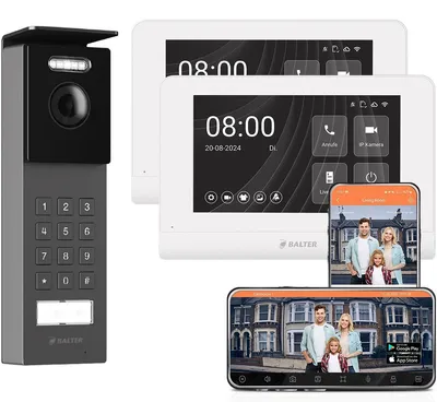 Produktbild von BALTER ENTRI S Aufputz Video Türsprechanlage mit Full HD Kamera und PIN Code Tastatur inkl. 2-Draht 2x 7 Zoll WiFi HD Monitor Smartphone App für 1 Familienhaus Set