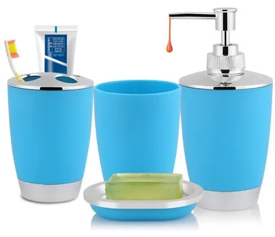 Image de Ensemble de 4 accessoires de salle de bain, couleur bleue : distributeur de savon, porte-brosses à dents, égouttoir à savon