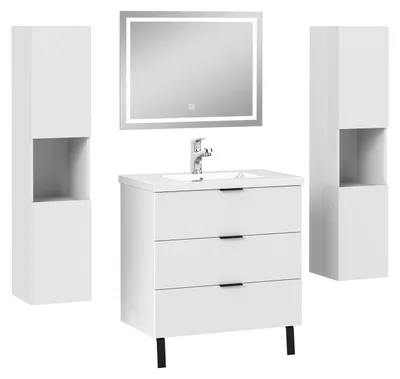 Image de Acezanble Meuble Salle de Bain Blanc Mat 79cm - 3 Tiroirs et Vasque, miroir led, 2 colonnes 131.5cm, MDF
