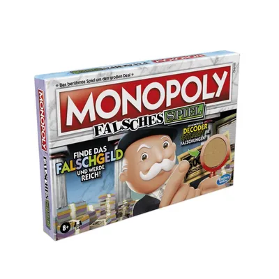 The image shows the front of a Monopoly Falsches Spiel board game box, with the Monopoly man character prominently featured.