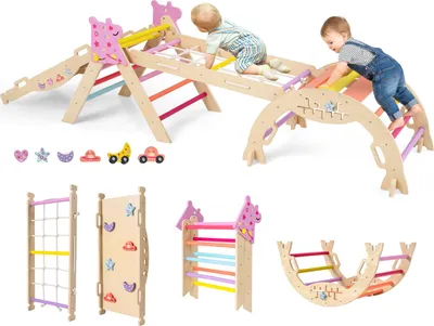 A collage of children's wooden climbing toys, including a large climbing structure with children playing on it, and smaller individual components like a climbing net, climbing wall, and a rocking arch.