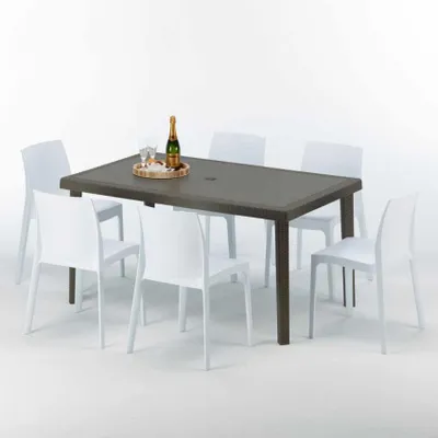 Produktbild von Polyrattan Tisch Rechteckig mit 6 Bunten Stühlen 150x90 Braun Focus