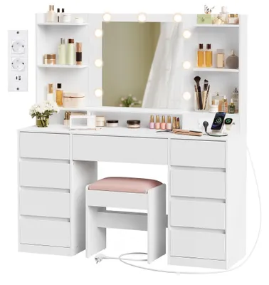 Image de VASAGLE Kailyn : Ensemble de table de maquillage avec miroir et éclairage LED, tabouret, et rangement