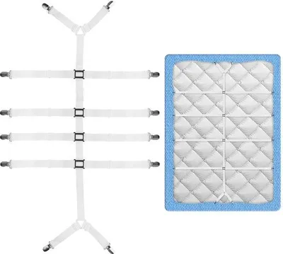 Productafbeelding van Unyqoos® Spanlakenspanners, verstelbaar van 120–250 cm, met 12 metalen klemmen, nylon en verchroomd metaal, wit – geschikt voor matrassen, banken en luchtbedden