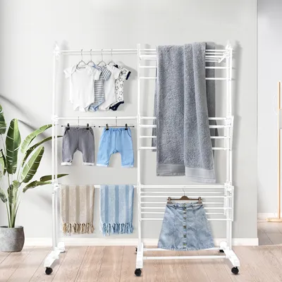 Image de Séchoir à linge 4 niveaux Séchoir sur pied avec roulettes Extensible 75-142.5x64x170cm 2 ailes latérales Blanc