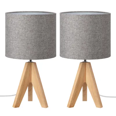 Zdjęcie produktu dla EDISHINE lampka nocna drewniana zestaw 2, lampa stołowa na trójnogu szara, klosz lniany E27