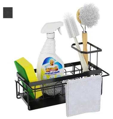 Produktbild von Schwarzer Spülbecken-Organizer, multifunktionaler Küchen-Organizer mit herausnehmbarer Abtropfschale, Schwammhalter und Geschirrtuchhalter, Edelstahl