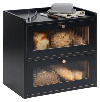 Zdjęcie produktu dla Relaxdays – bambusowa skrzynka na chleb, 2 poziomy, szuflada z okienkami, drzwi na zawiasach, wymiary: 34 x 36,5 x 24 cm, pojemnik na chleb, czarny