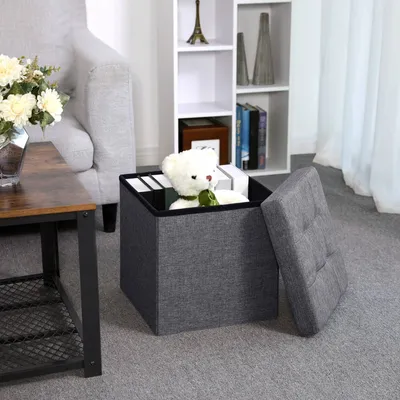 Produktbild von SONGMICS Sitzhocker dunkelgrau mit Stauraum faltbar 38 x 38 x 38 cm aus Leinen und Holz Sitzwürfel Fußbank LSF27Z