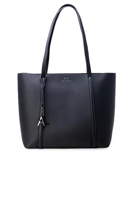 A black Armani Exchange tote bag is shown against a white background.