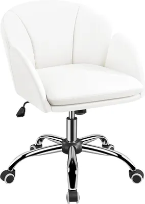 Produktbild von Homeoffice Stuhl, Schminkstuhl mit Wippfunktion, höhenverstellbarer Schreibtischstuhl bis 136 kg belastbar, ergonomischer Drehstuhl, für Schlafzimmer, Büro, Wohnzimmer, Weiß, Kunstleder