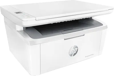 A white HP LaserJet MFP M140we monochrome laser printer is shown from a three-quarter angle against a white background. The scanner lid is open, revealing the scanner bed.