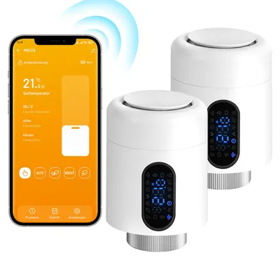 Obrázek produktu pro Eikuavons Chytrý termostat pro radiátory, WiFi, ovládání přes aplikaci, kompatibilní s platformami Smart Life/Tuya, 7 adaptérů, bílý, balení 2 kusů