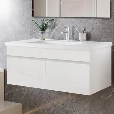 Produktbild von 100cm Keramik Waschtisch mit Unterschrank Badmöbel Set mit Türs Soft-close - Hochglanz Weiß
