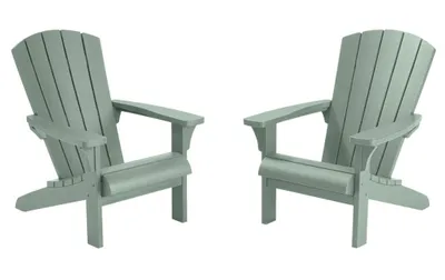 Two green Adirondack chairs are shown against a white background.