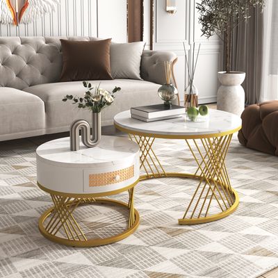 Merax 2er Set Couchtisch in Marmoroptik mit Regal Rund Ø70 x 45cm und Ø50 x 38.5cm, Beistelltisch mit Schublade und goldenen Metallrahmen, Wohnzimmetisch Sofatisch