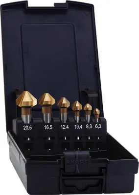 Immagine prodotto di Exact Kegelsenkersatz 90° HSS TiN 6,3-20,5mm DIN335C plus6 05567 Countersink set 6-piece 6.3 mm, 8.3 mm, 10.4 mm, 12.4 mm, 16.5 mm, 20.5 mm HSS TiN Cylinder