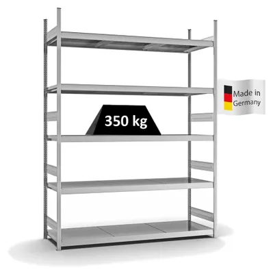 Produktbild von PROREGAL Weitspannregal Stecksystem MAGNUS Germany | HxBxT 300x225x60cm | 5 Ebenen | Stahlplatten-Fachboden | Fachlast 350kg | Verzinkt