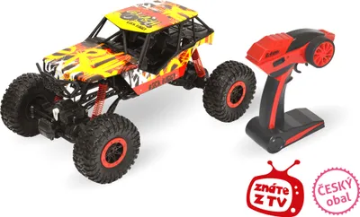 A remote-controlled rock buggy and its controller are displayed on a white background, with promotional overlays in the lower right corner.