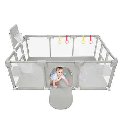 Produktbild von Laufstall baby 180x120cm,Laufgitter mit Basketballkorb,Fußballnetzen,Zugring,Schutzgitter mit Rutschfester Basis, Krabbelgitter für Kinder Hellgrau