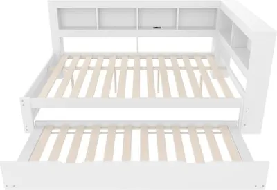 Produktbild von Weiss Daybett 140x200 ohne Matratze Schlafsofa Tagesbett ausziehbar mit Steckdose 2 USB Lattenrost Funktionsbett Jugendbett Einzelbett Kinderbett